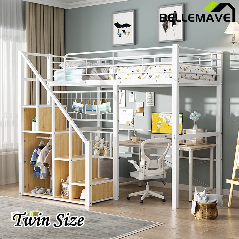 Bellemave® Twin Size Metal Loft Bed with Storage Staircase and Small Wardrobe - Bellemave