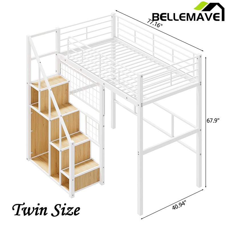 Bellemave® Twin Size Metal Loft Bed with Storage Staircase and Small Wardrobe - Bellemave