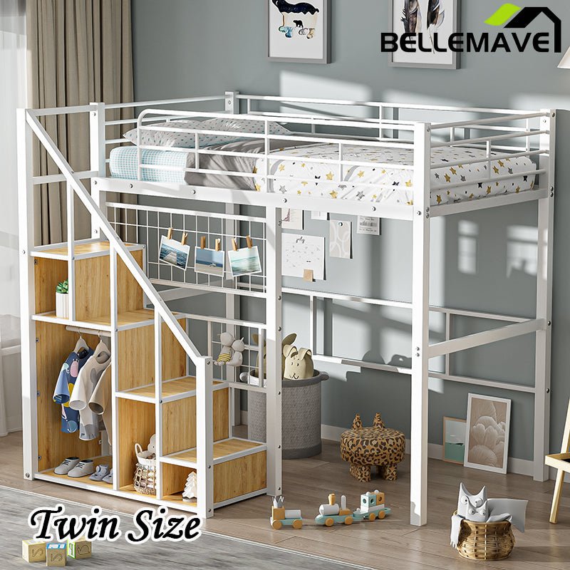 Bellemave® Twin Size Metal Loft Bed with Storage Staircase and Small Wardrobe - Bellemave