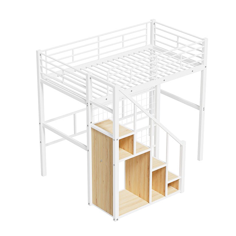 Bellemave® Twin Size Metal Loft Bed with Storage Staircase and Small Wardrobe - Bellemave