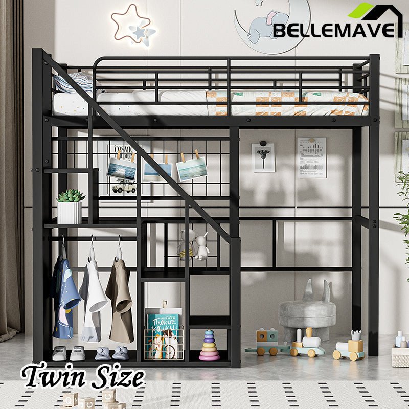 Bellemave® Twin Size Metal Loft Bed with Storage Staircase and Small Wardrobe - Bellemave
