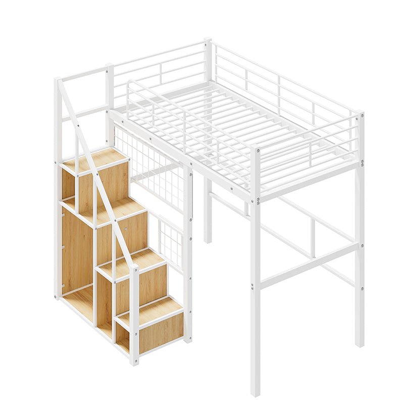 Bellemave® Twin Size Metal Loft Bed with Storage Staircase and Small Wardrobe - Bellemave