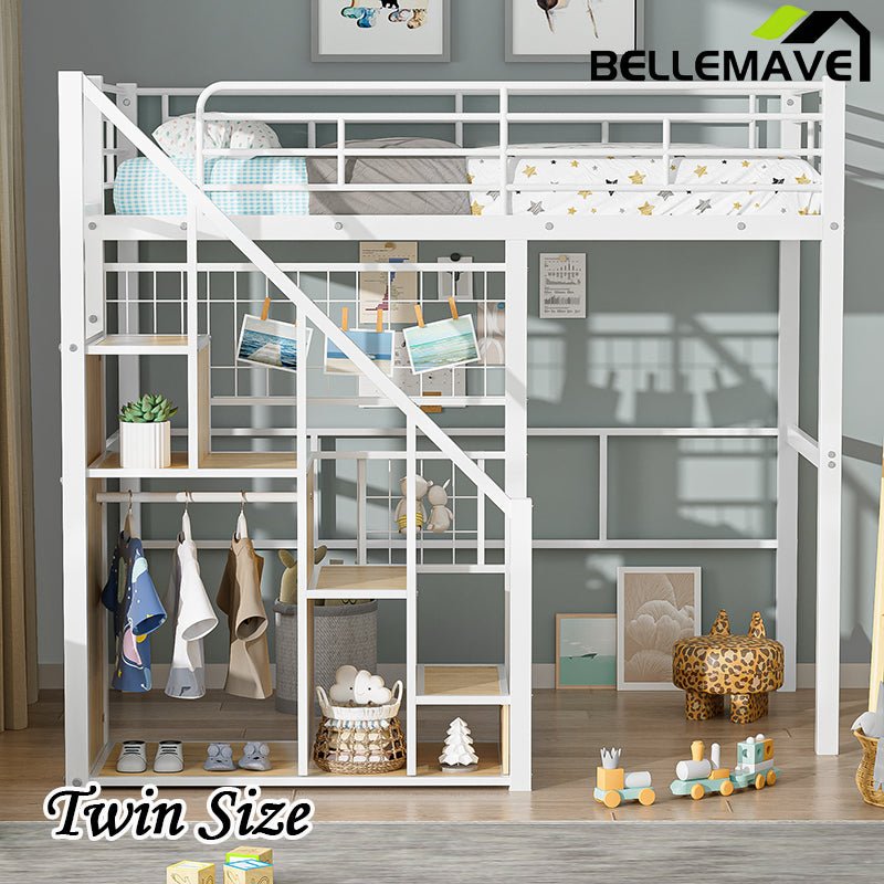 Bellemave® Twin Size Metal Loft Bed with Storage Staircase and Small Wardrobe - Bellemave