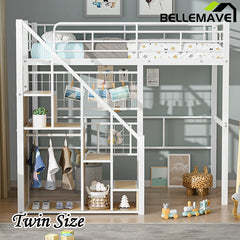 Bellemave® Twin Size Metal Loft Bed with Storage Staircase and Small Wardrobe - Bellemave