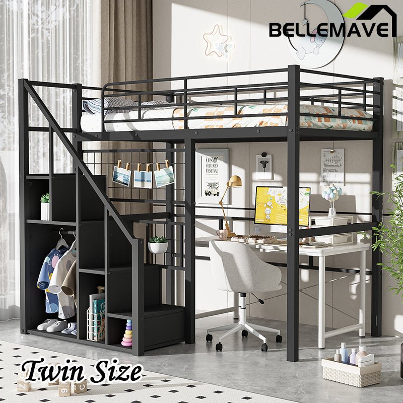 Bellemave® Twin Size Metal Loft Bed with Storage Staircase and Small Wardrobe - Bellemave