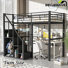 Bellemave® Twin Size Metal Loft Bed with Storage Staircase and Small Wardrobe - Bellemave