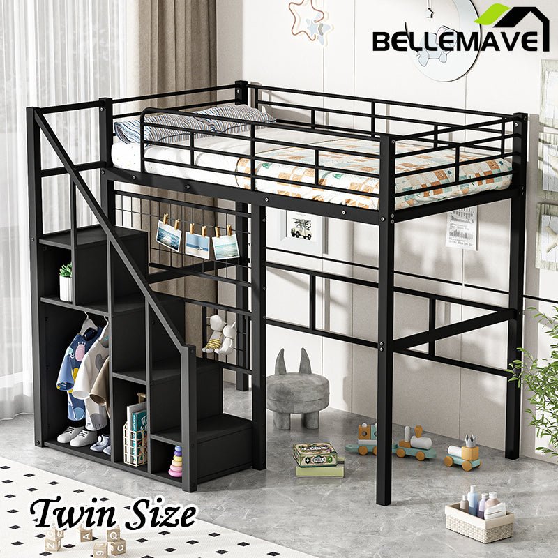 Bellemave® Twin Size Metal Loft Bed with Storage Staircase and Small Wardrobe - Bellemave