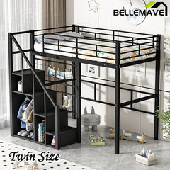 Bellemave® Twin Size Metal Loft Bed with Storage Staircase and Small Wardrobe - Bellemave
