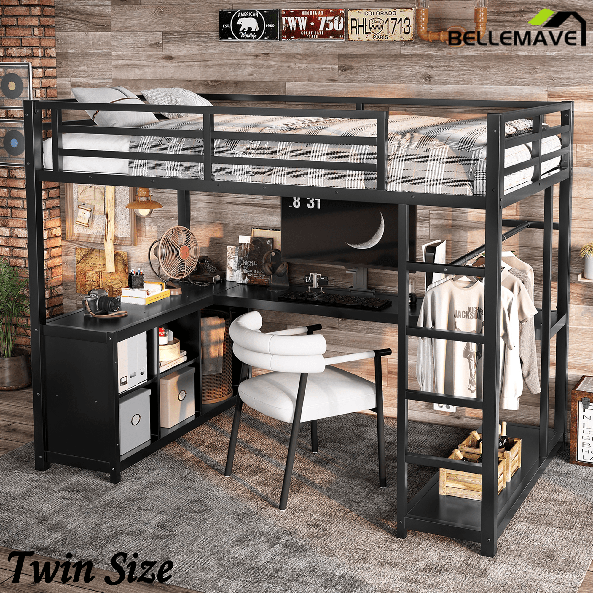 Bellemave® Twin Size Metal Loft Bed with Wardrobe & L - Shaped Desk - Space Saving Loft Bed for Kids, Teens, Adults with Storage Cubes, Shelves & Closet, Black - Bellemave