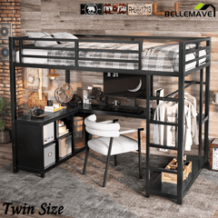 Bellemave® Twin Size Metal Loft Bed with Wardrobe & L - Shaped Desk - Space Saving Loft Bed for Kids, Teens, Adults with Storage Cubes, Shelves & Closet, Black - Bellemave