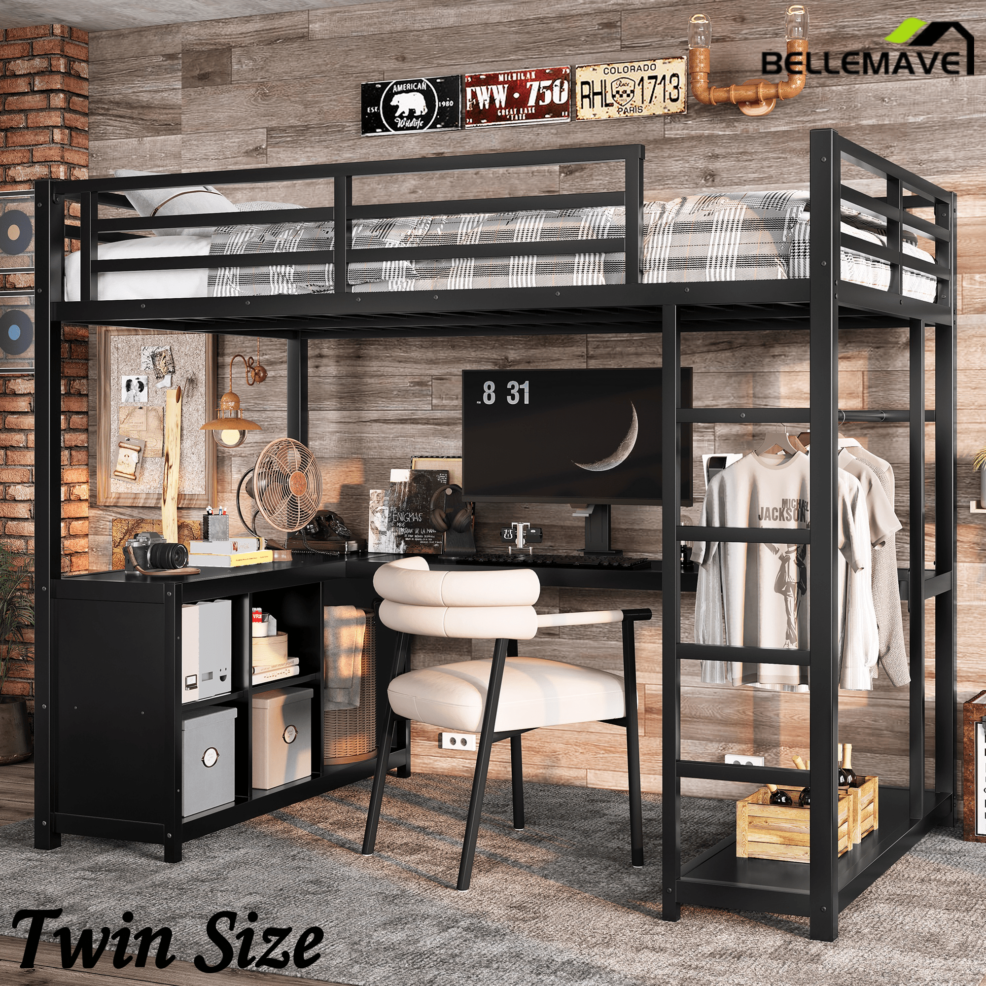 Bellemave® Twin Size Metal Loft Bed with Wardrobe & L - Shaped Desk - Space Saving Loft Bed for Kids, Teens, Adults with Storage Cubes, Shelves & Closet, Black - Bellemave