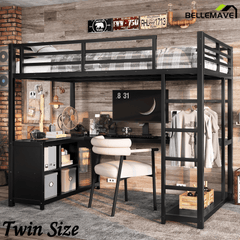 Bellemave® Twin Size Metal Loft Bed with Wardrobe & L - Shaped Desk - Space Saving Loft Bed for Kids, Teens, Adults with Storage Cubes, Shelves & Closet, Black - Bellemave