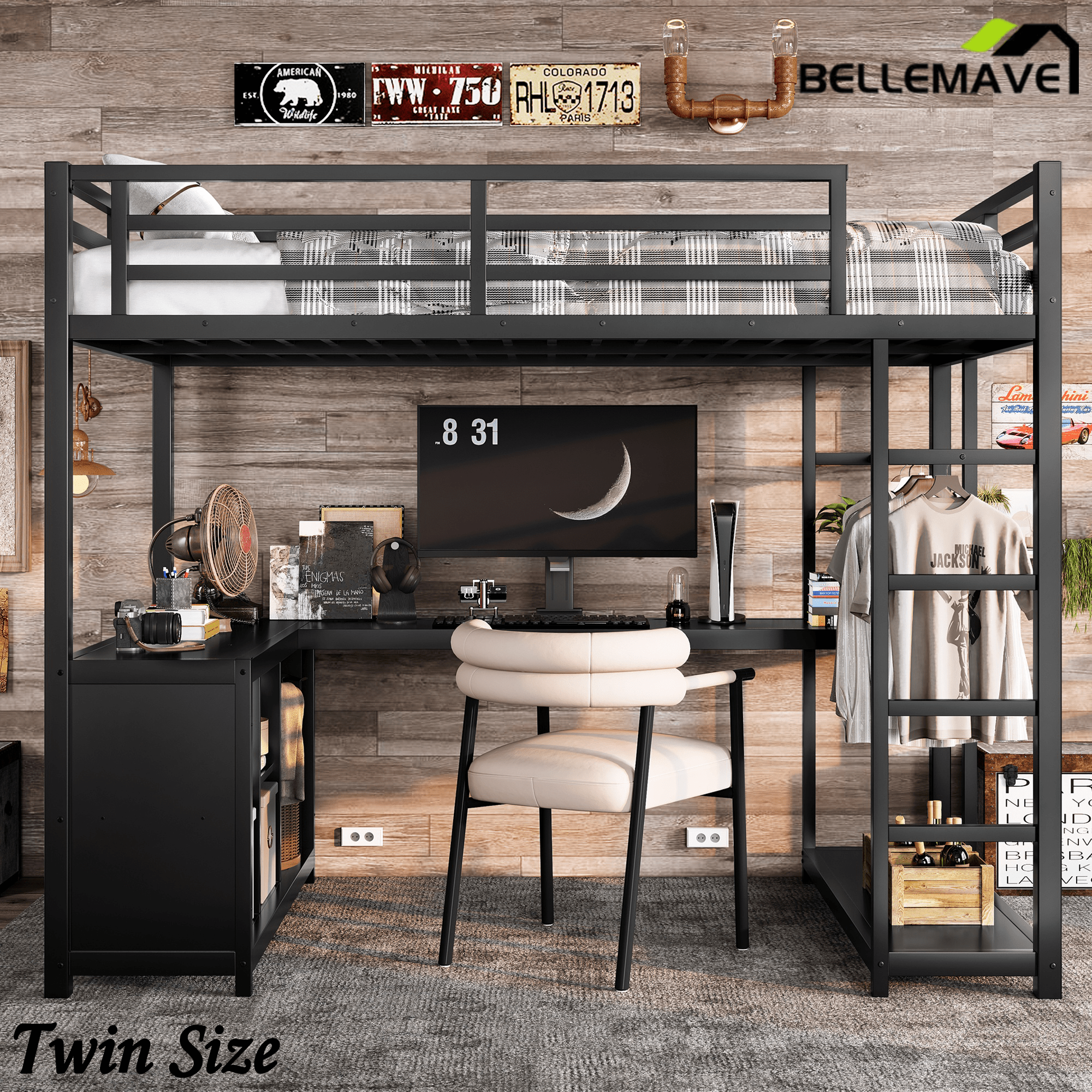 Bellemave® Twin Size Metal Loft Bed with Wardrobe & L - Shaped Desk - Space Saving Loft Bed for Kids, Teens, Adults with Storage Cubes, Shelves & Closet, Black - Bellemave