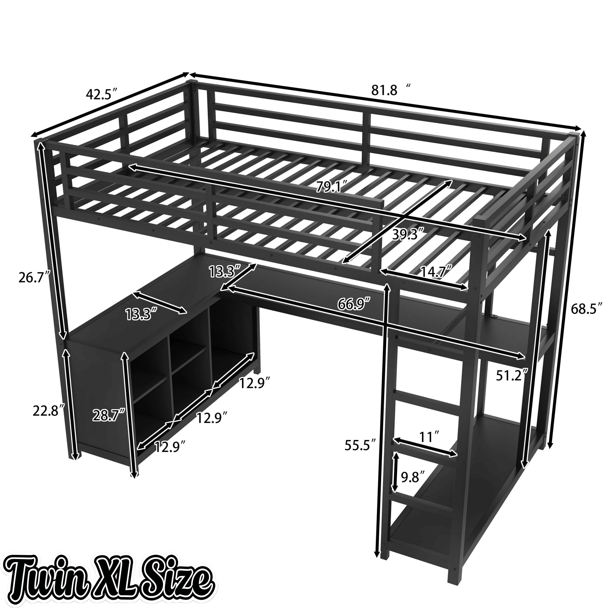 Bellemave® Twin Size Metal Loft Bed with Wardrobe & L-Shaped Desk - Space Saving Loft Bed for Kids, Teens, Adults with Storage Cubes, Shelves & Closet, Black - Bellemave