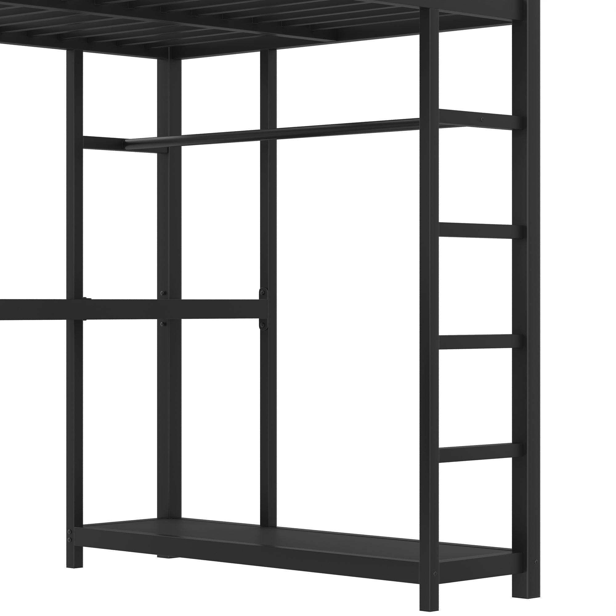 Bellemave® Twin Size Metal Loft Bed with Wardrobe & L - Shaped Desk - Space Saving Loft Bed for Kids, Teens, Adults with Storage Cubes, Shelves & Closet, Black - Bellemave