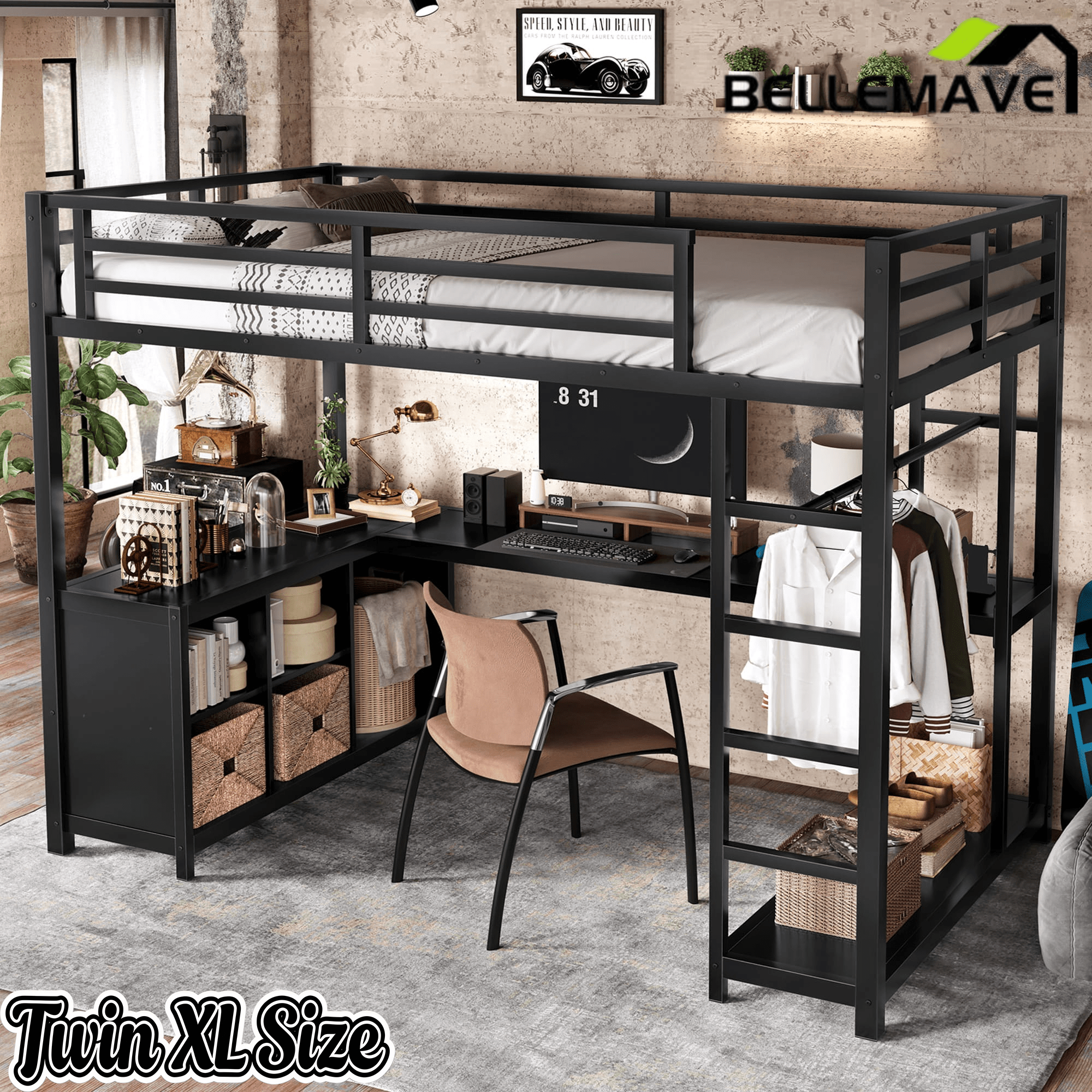 Bellemave® Twin Size Metal Loft Bed with Wardrobe & L-Shaped Desk - Space Saving Loft Bed for Kids, Teens, Adults with Storage Cubes, Shelves & Closet, Black - Bellemave