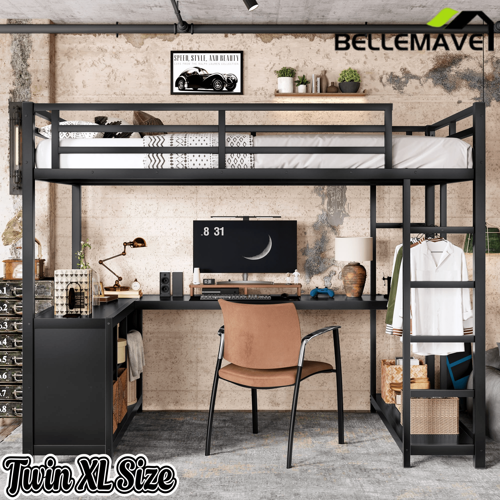 Bellemave® Twin Size Metal Loft Bed with Wardrobe & L-Shaped Desk - Space Saving Loft Bed for Kids, Teens, Adults with Storage Cubes, Shelves & Closet, Black - Bellemave