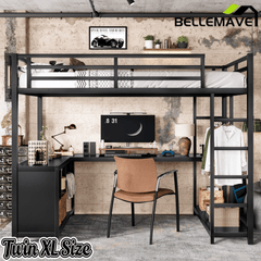 Bellemave® Twin Size Metal Loft Bed with Wardrobe & L-Shaped Desk - Space Saving Loft Bed for Kids, Teens, Adults with Storage Cubes, Shelves & Closet, Black - Bellemave