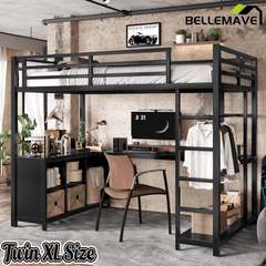 Bellemave® Twin Size Metal Loft Bed with Wardrobe & L-Shaped Desk - Space Saving Loft Bed for Kids, Teens, Adults with Storage Cubes, Shelves & Closet, Black - Bellemave