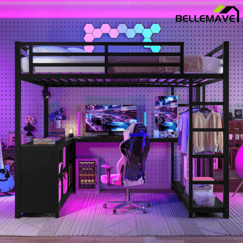 Bellemave® Twin Size Metal Loft Bed with Wardrobe & L - Shaped Desk - Space Saving Loft Bed for Kids, Teens, Adults with Storage Cubes, Shelves & Closet, Black - Bellemave