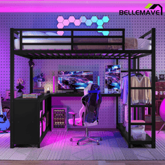 Bellemave® Twin Size Metal Loft Bed with Wardrobe & L - Shaped Desk - Space Saving Loft Bed for Kids, Teens, Adults with Storage Cubes, Shelves & Closet, Black - Bellemave