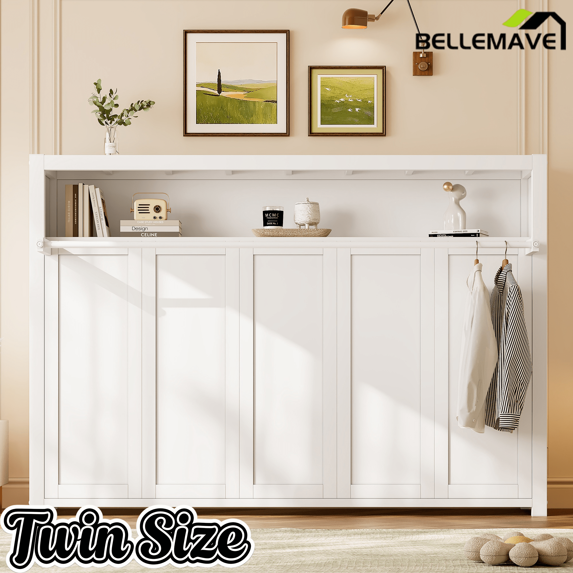Bellemave® Twin Size Metal Murphy Bed with Shelves, Foldable and Space - saving Design - Bellemave