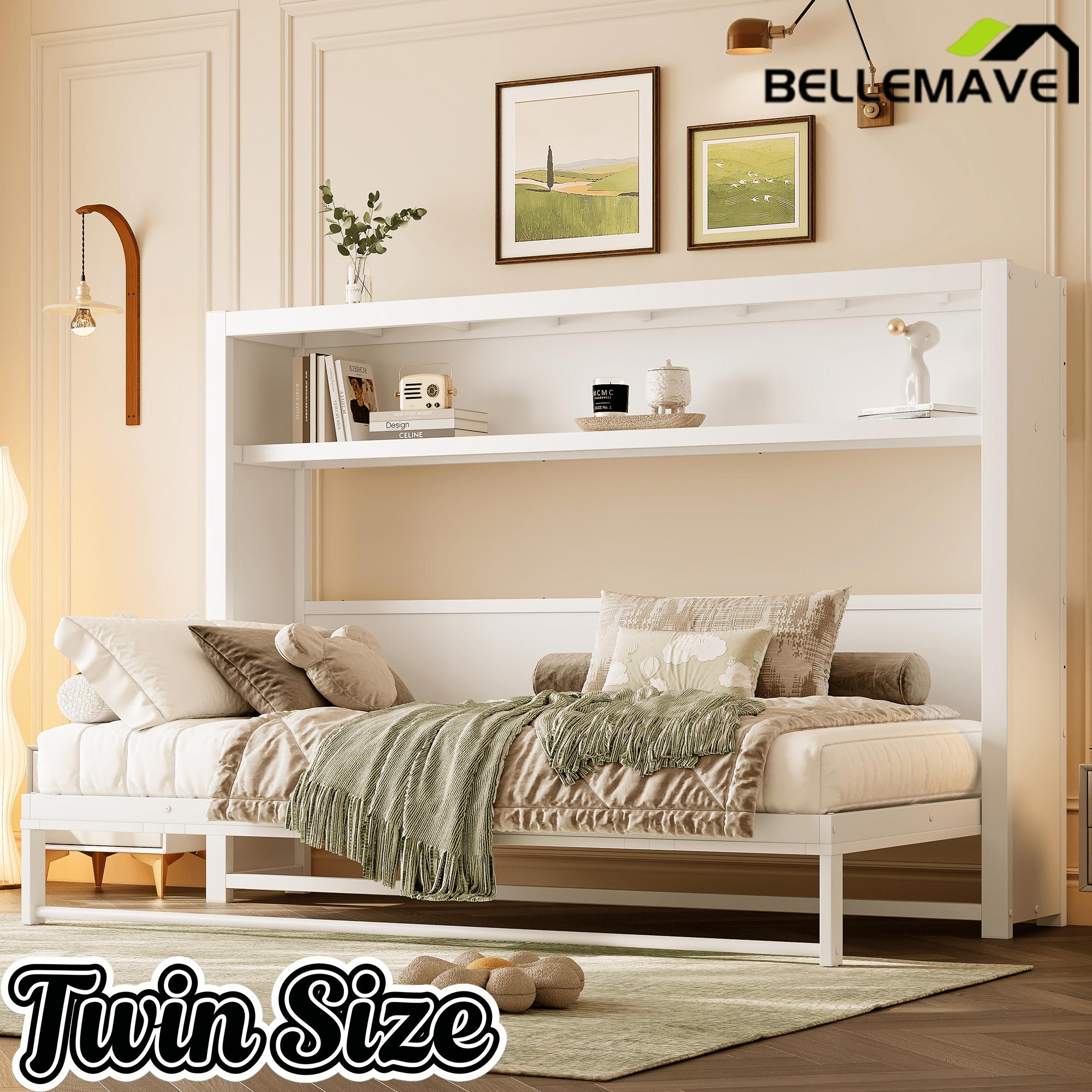 Bellemave® Twin Size Metal Murphy Bed with Shelves, Foldable and Space - saving Design - Bellemave