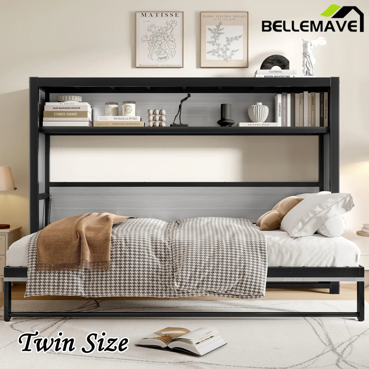 Bellemave® Twin Size Metal Murphy Bed with Shelves, Foldable and Space - saving Design - Bellemave