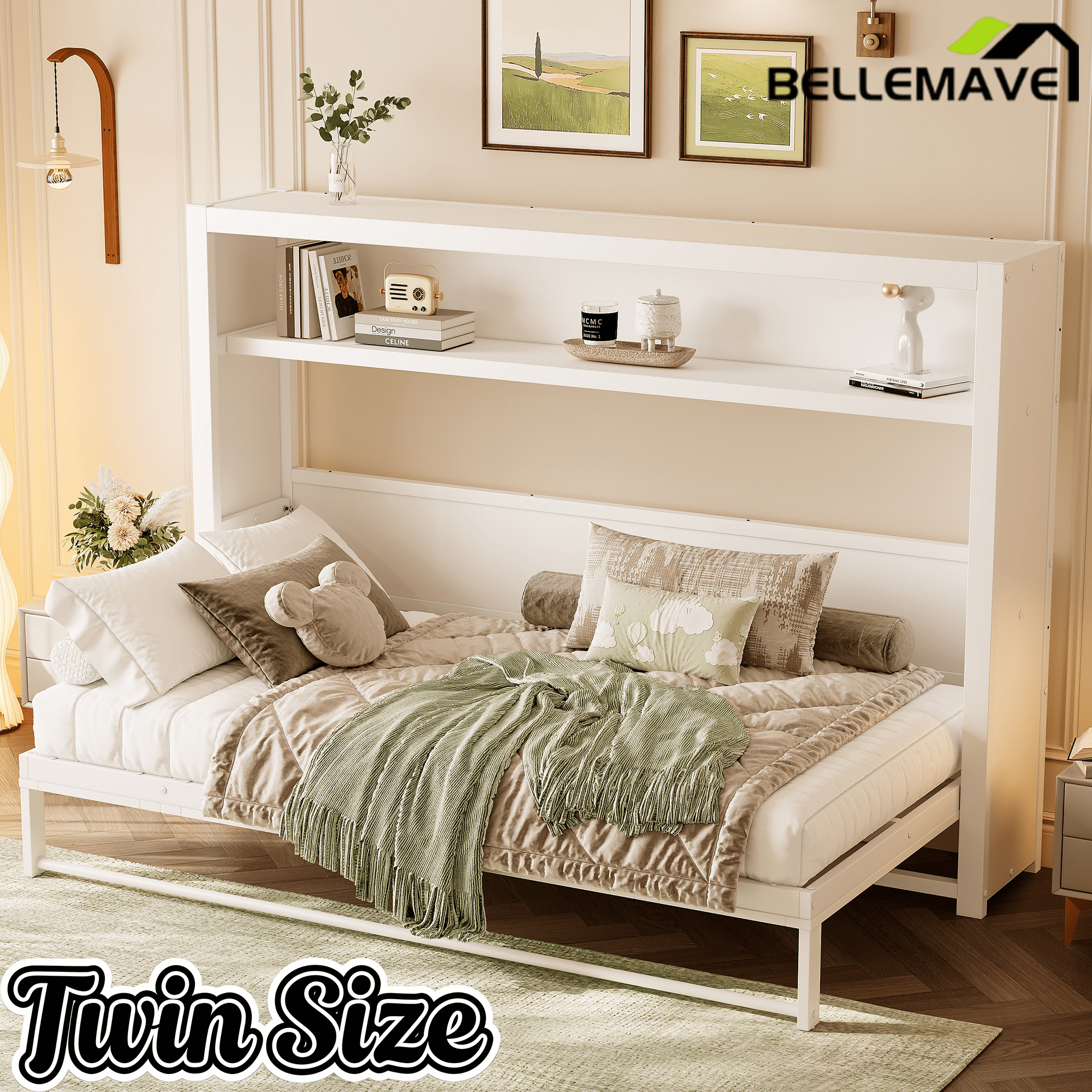 Bellemave® Twin Size Metal Murphy Bed with Shelves, Foldable and Space - saving Design - Bellemave