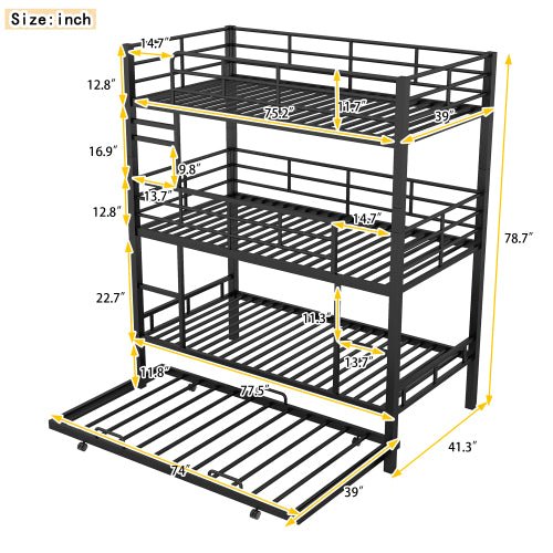 Bellemave® Twin Size Metal Triple Bunk Bed with Trundle Bed - Bellemave