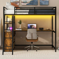 Bellemave® Twin Size Metal&Wood Loft Bed with Desk and Shelves, Two Built - in Drawers, LED Light and USB Charging Station - Bellemave