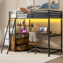Bellemave® Twin Size Metal&Wood Loft Bed with Desk and Shelves, Two Built - in Drawers, LED Light and USB Charging Station - Bellemave