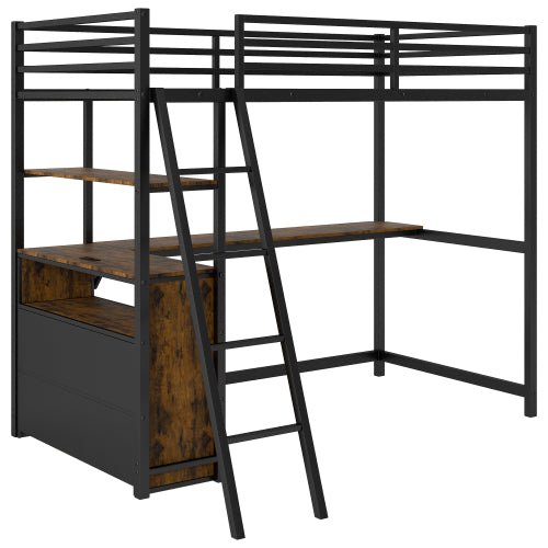 Bellemave® Twin Size Metal&Wood Loft Bed with Desk and Shelves, Two Built - in Drawers, LED Light and USB Charging Station - Bellemave