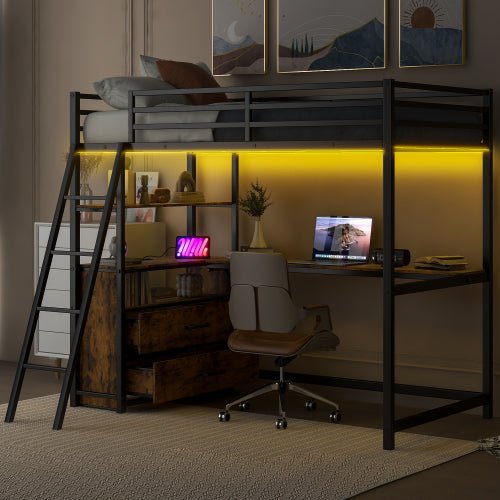 Bellemave® Twin Size Metal&Wood Loft Bed with Desk and Shelves, Two Built - in Drawers, LED Light and USB Charging Station - Bellemave