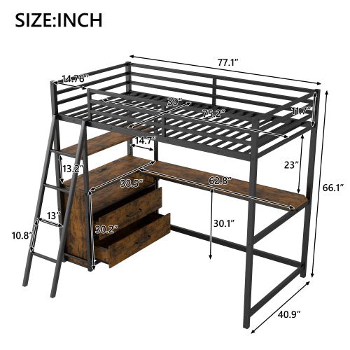 Bellemave® Twin Size Metal&Wood Loft Bed with Desk and Shelves, Two Built - in Drawers, LED Light and USB Charging Station - Bellemave
