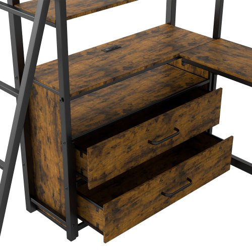 Bellemave® Twin Size Metal&Wood Loft Bed with Desk and Shelves, Two Built - in Drawers, LED Light and USB Charging Station - Bellemave