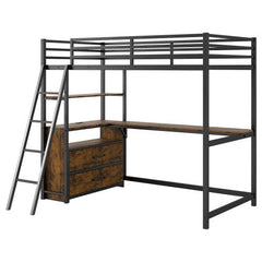 Bellemave® Twin Size Metal&Wood Loft Bed with Desk and Shelves, Two Built - in Drawers, LED Light and USB Charging Station - Bellemave