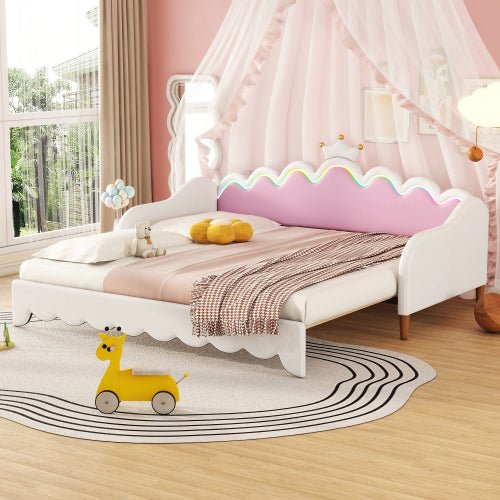 Bellemave® Twin Size Modern Upholstered Princess Extending Daybed,Crown Headboard with LED Lights - Bellemave