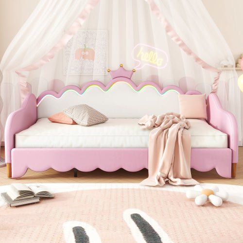 Bellemave® Twin Size Modern Upholstered Princess Extending Daybed,Crown Headboard with LED Lights - Bellemave