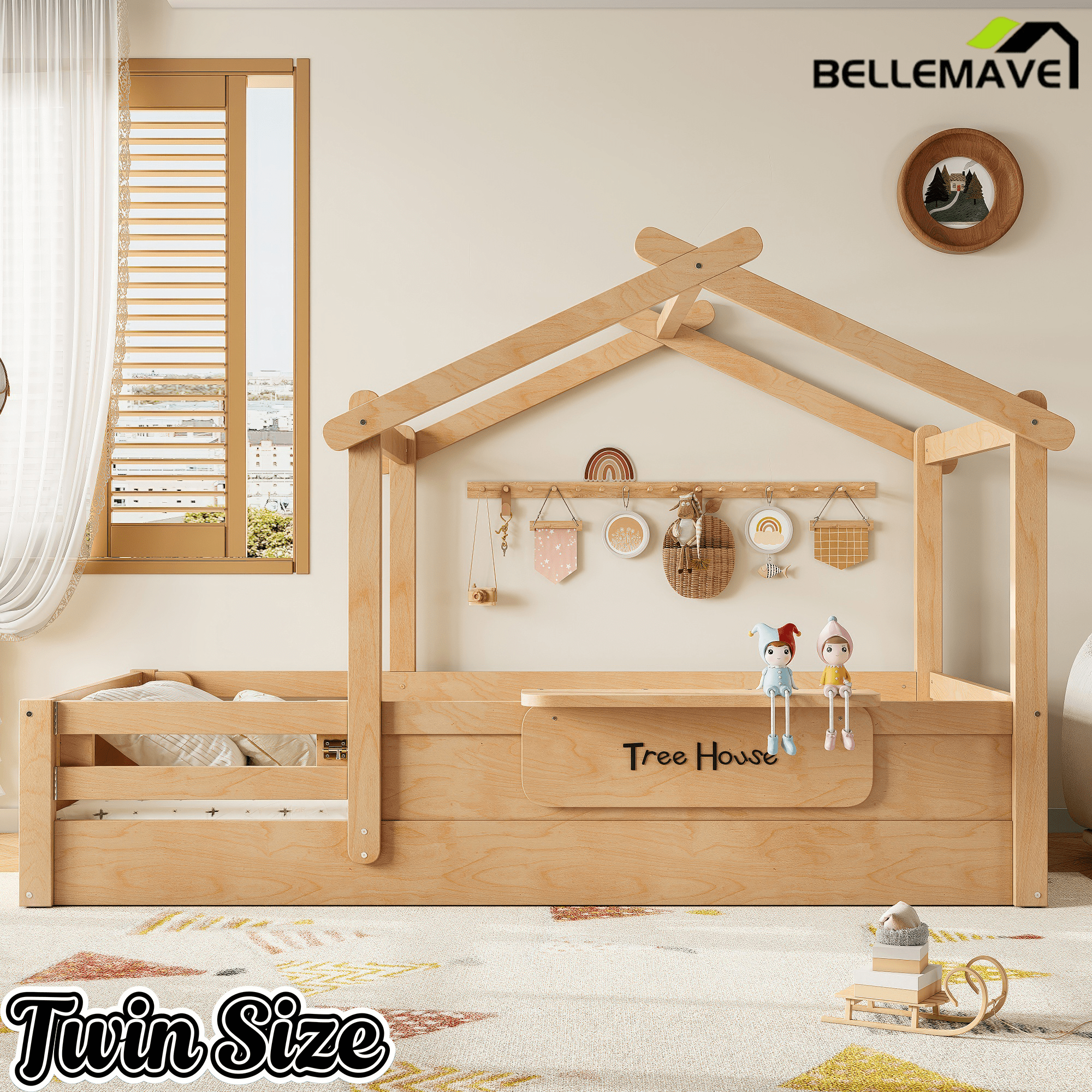 Bellemave® Twin Size Montessori Floor Bed for Kids, Solid Wood House Floor Bed with Roof, Built - in Shelfe, and Free - Installed Signboard, White - Bellemave