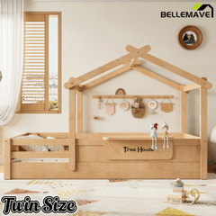 Bellemave® Twin Size Montessori Floor Bed for Kids, Solid Wood House Floor Bed with Roof, Built - in Shelfe, and Free - Installed Signboard, White - Bellemave