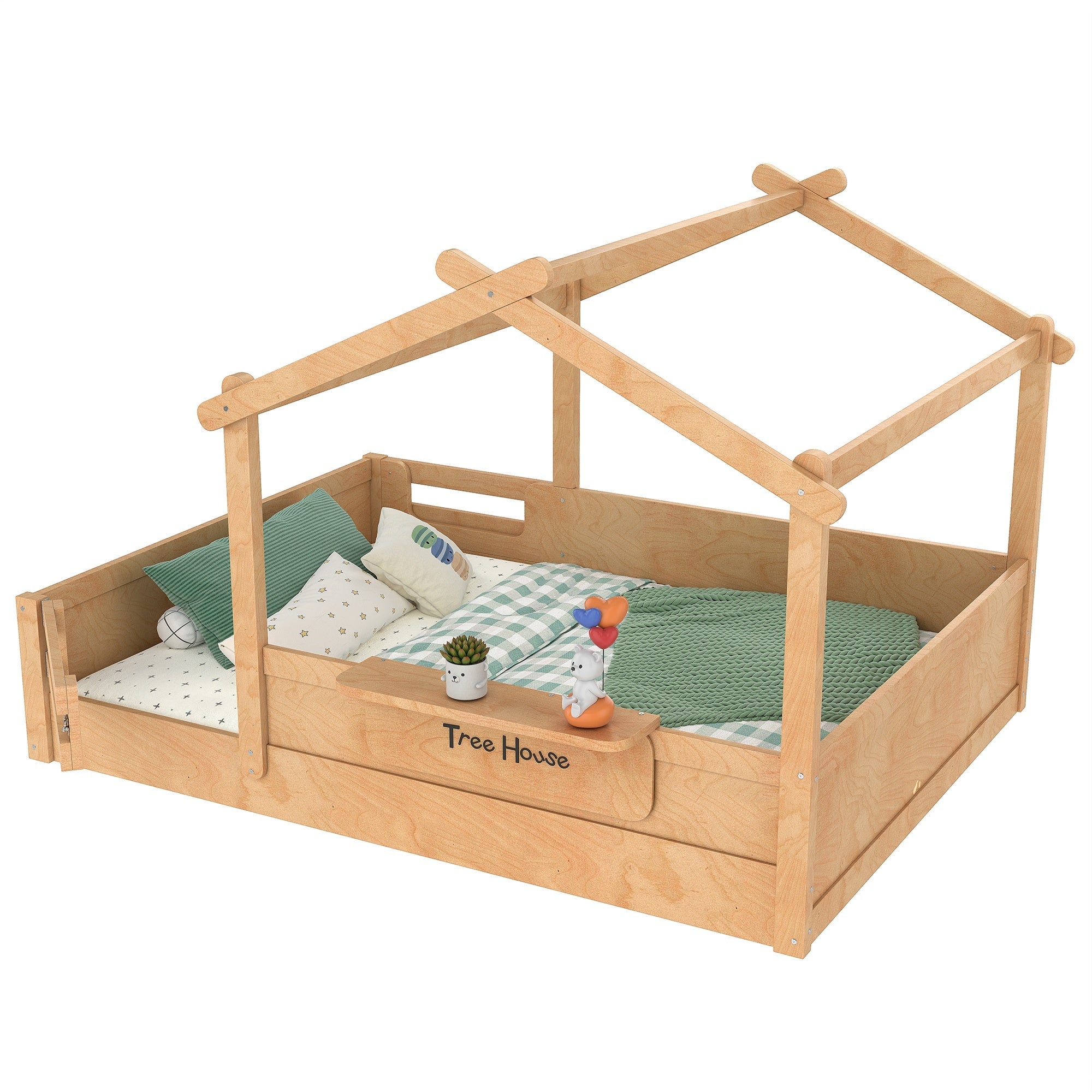 Bellemave® Twin Size Montessori Floor Bed for Kids, Solid Wood House Floor Bed with Roof, Built - in Shelfe, and Free - Installed Signboard, White - Bellemave