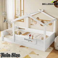 Bellemave® Twin Size Montessori Floor Bed for Kids, Solid Wood House Floor Bed with Roof, Built - in Shelfe, and Free - Installed Signboard, White - Bellemave