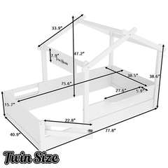 Bellemave® Twin Size Montessori Floor Bed for Kids, Solid Wood House Floor Bed with Roof, Built - in Shelfe, and Free - Installed Signboard, White - Bellemave