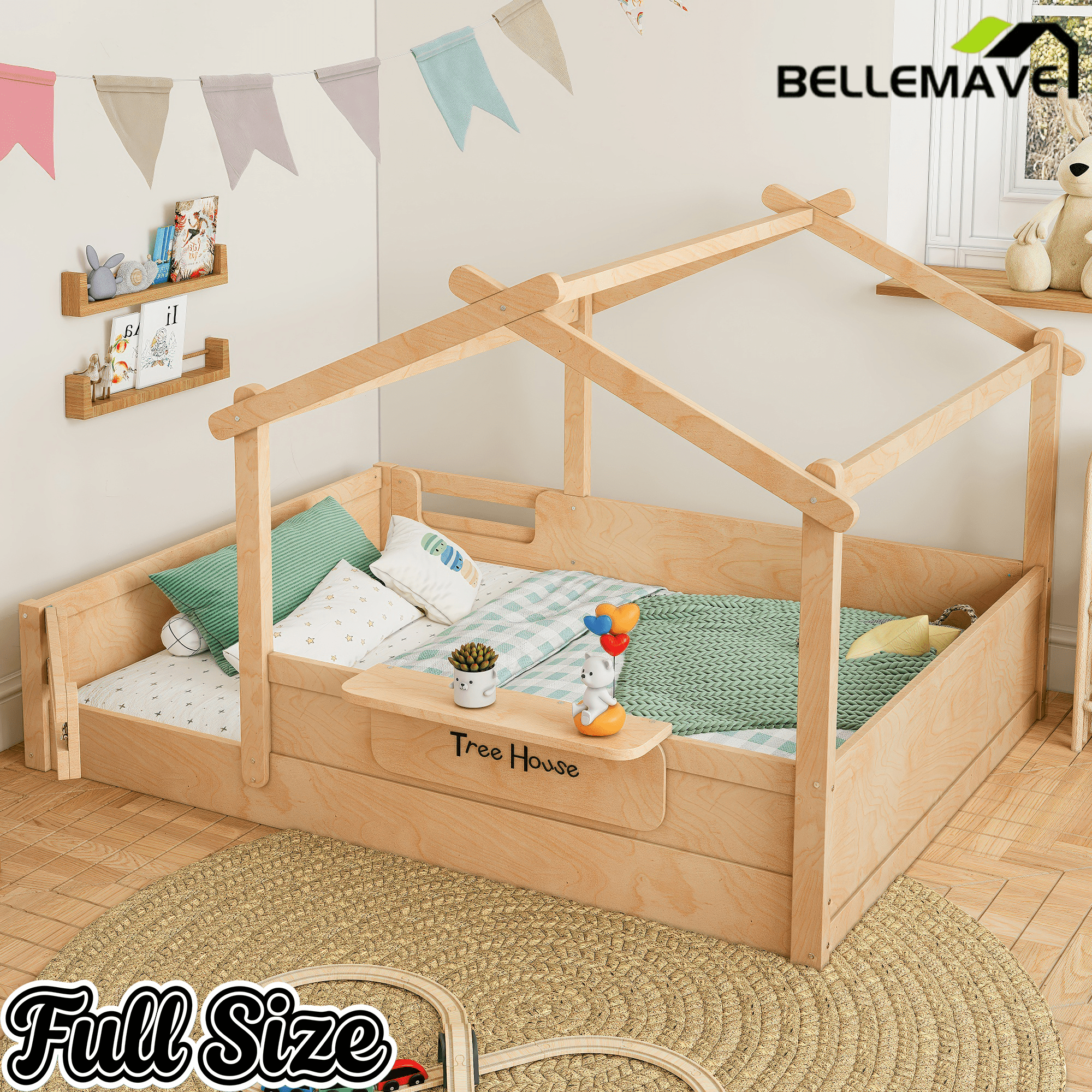 Bellemave® Twin Size Montessori Floor Bed for Kids, Solid Wood House Floor Bed with Roof, Built - in Shelfe, and Free - Installed Signboard, White - Bellemave