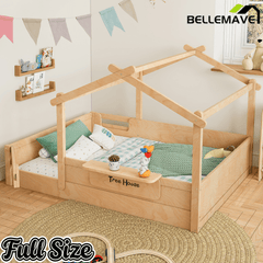 Bellemave® Twin Size Montessori Floor Bed for Kids, Solid Wood House Floor Bed with Roof, Built - in Shelfe, and Free - Installed Signboard, White - Bellemave