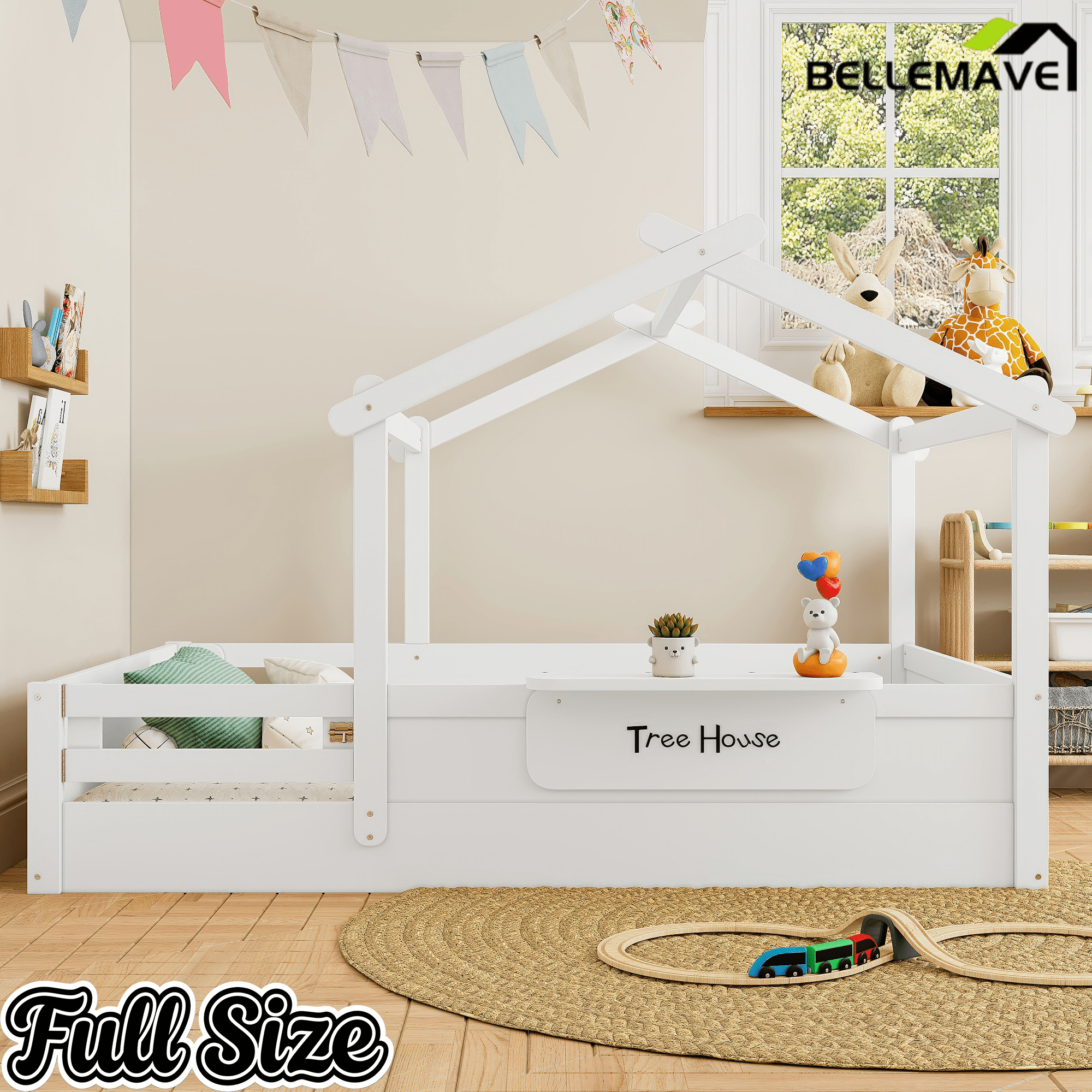 Bellemave® Twin Size Montessori Floor Bed for Kids, Solid Wood House Floor Bed with Roof, Built - in Shelfe, and Free - Installed Signboard, White - Bellemave