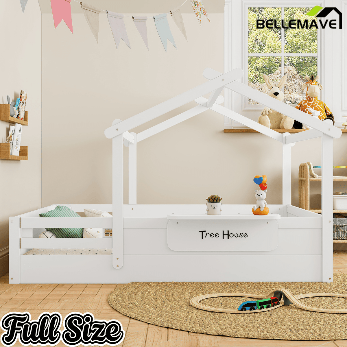 Bellemave® Twin Size Montessori Floor Bed for Kids, Solid Wood House Floor Bed with Roof, Built - in Shelfe, and Free - Installed Signboard, White - Bellemave