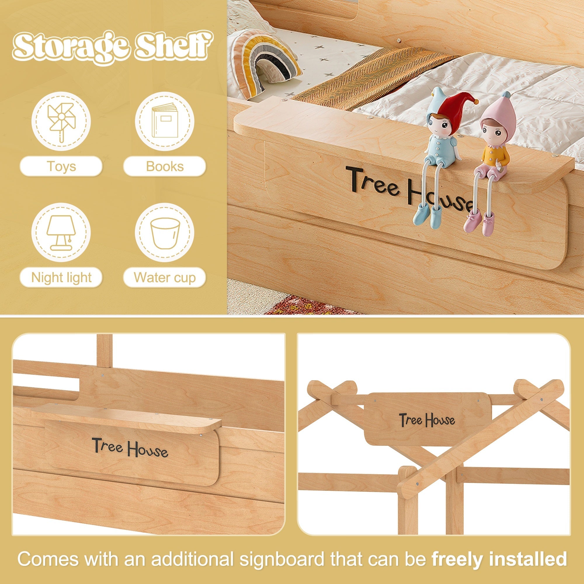 Bellemave® Twin Size Montessori Floor Bed for Kids, Solid Wood House Floor Bed with Roof, Built - in Shelfe, and Free - Installed Signboard, White - Bellemave