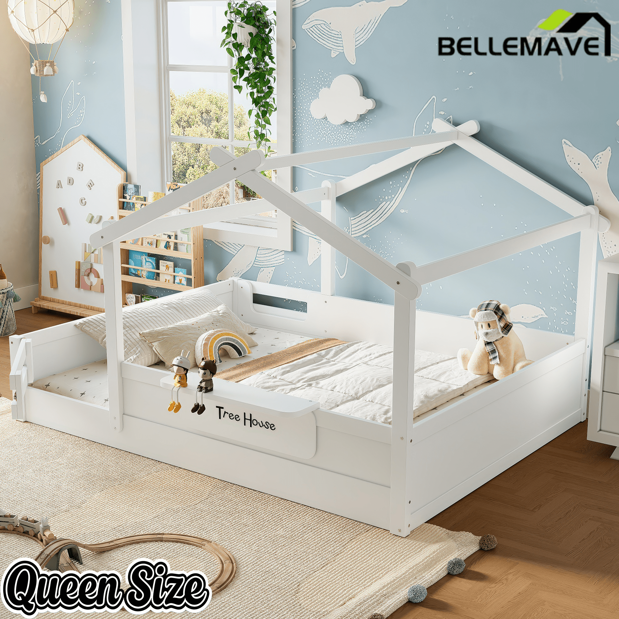 Bellemave® Twin Size Montessori Floor Bed for Kids, Solid Wood House Floor Bed with Roof, Built - in Shelfe, and Free - Installed Signboard, White - Bellemave